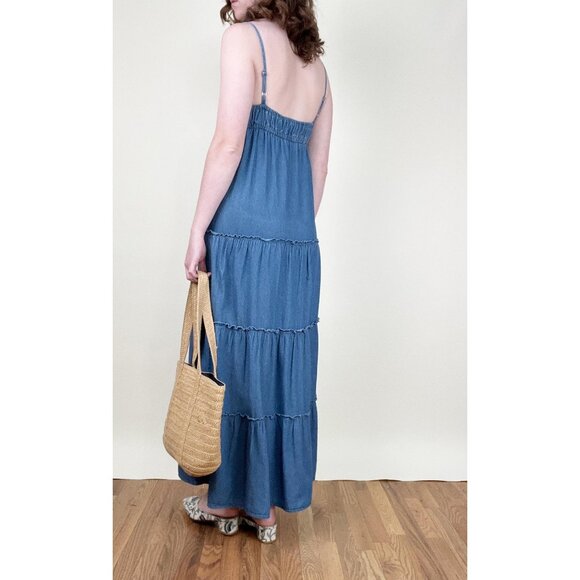 Vintage Tiered Maxi Denim Jean Dress Boho Coastal Cowgirl Western Bohemian Beach - Picture 4 of 9